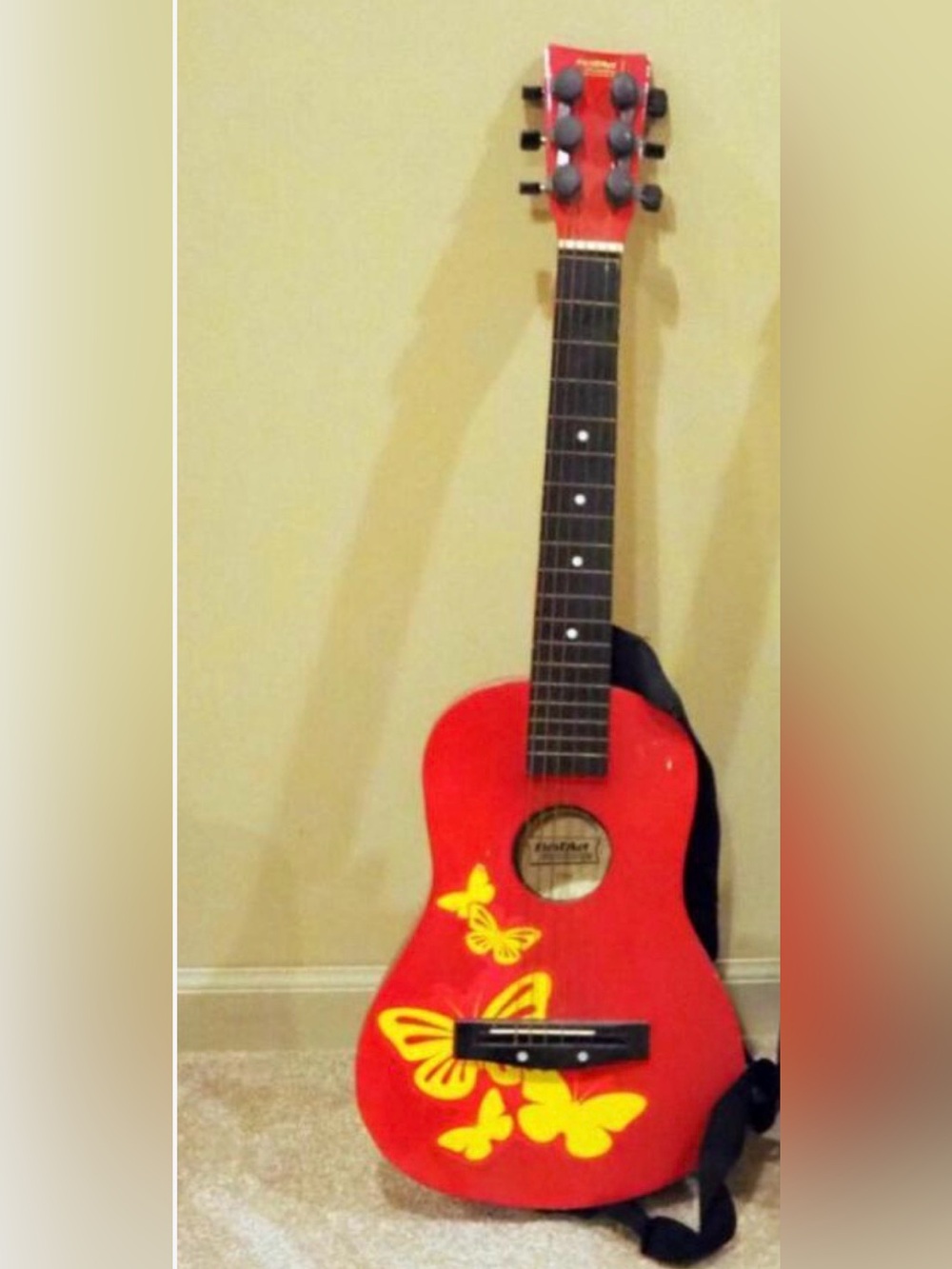 Kids Bright Pink Butterfly Acoustic Guitar with Black Strap
